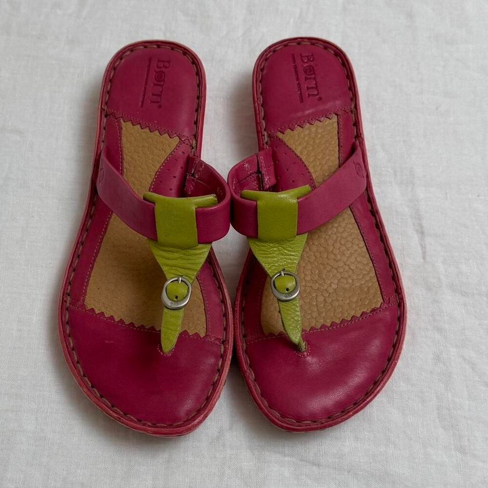 2000’s Born Pink & Lime Leather Sandals Size 6 Y2K Color Pop Flip Flops